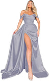 Mermaid Black Off Shoulder Satin Long Prom Dresses with Slit Evening Dress PD186