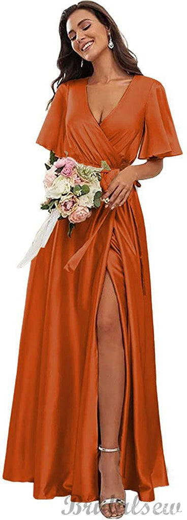 Champagne Aline Half Sleeves Formal Long Beach Bridesmaid Dresses BD111