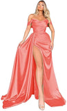 Mermaid Black Off Shoulder Satin Long Prom Dresses with Slit Evening Dress PD186