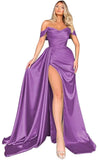 Mermaid Black Off Shoulder Satin Long Prom Dresses with Slit Evening Dress PD186