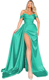 Mermaid Black Off Shoulder Satin Long Prom Dresses with Slit Evening Dress PD186