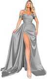 Mermaid Black Off Shoulder Satin Long Prom Dresses with Slit Evening Dress PD186
