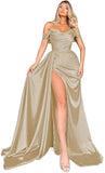 Mermaid Black Off Shoulder Satin Long Prom Dresses with Slit Evening Dress PD186