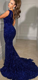 2023 Mermaid Royal Blue Sequin Sparkly Unique Modest Party Evening Long Prom Dresses PD302