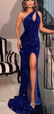2023 Mermaid Royal Blue Sequin Sparkly Unique Modest Party Evening Long Prom Dresses PD302