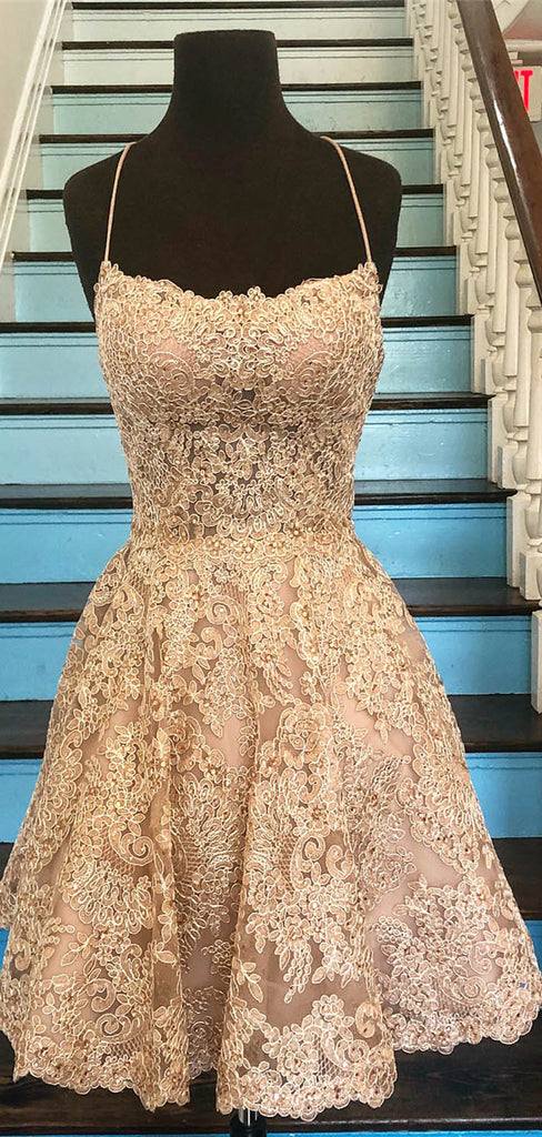 A-Line Champagne Lace Spaghetti Straps Homecoming Dresses HD002