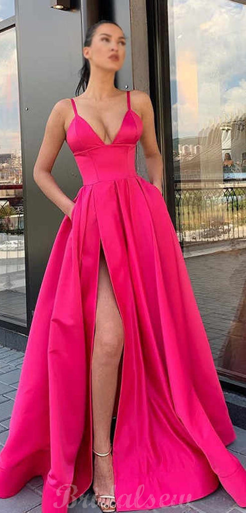 A-Line Hot Pink Long V-Neck Strap Spaghetti Floor Length Prom Dresses PD100