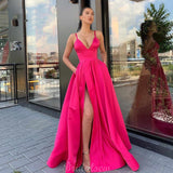A-Line Hot Pink Long V-Neck Strap Spaghetti Floor Length Prom Dresses PD100