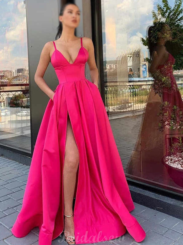 A-Line Hot Pink Long V-Neck Strap Spaghetti Floor Length Prom Dresses bridalsew A-Line Hot Pink Long V-Neck Strap Spaghetti Floor Length Prom Dresses bridalsew