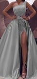 A-Line Silver One Shoulder Gorgeous Modest Prom Dresses PD082