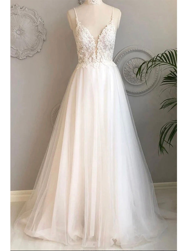 A-Line Spaghetti Straps Tulle Elegant Beach Vintage Long Wedding Dresses WD281