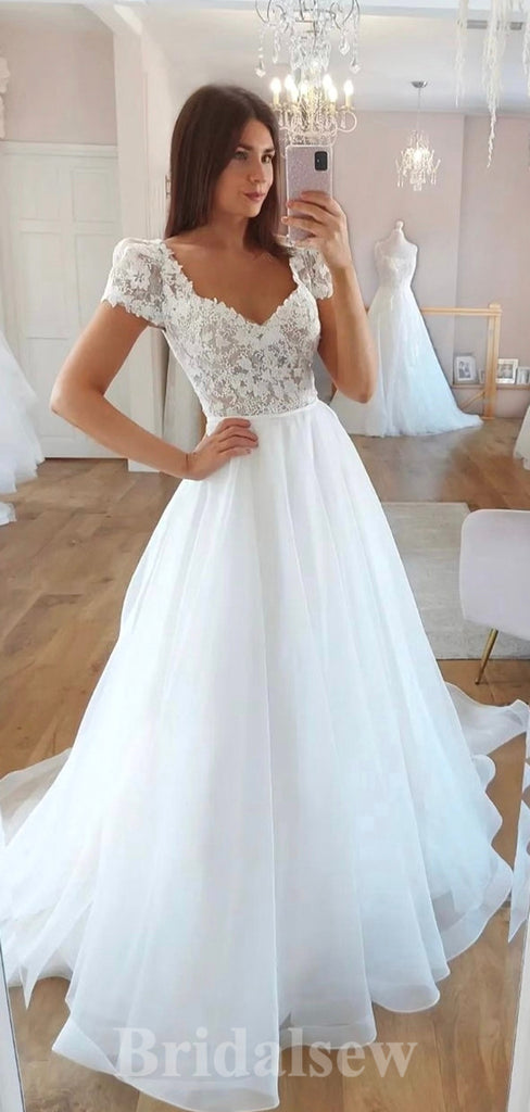 A-line Beach Cap Sleeves Luxurious Elegant Lace Vintage Long Wedding Dresses WD402