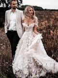 A-line Beach Lace Vintage Off-the-Shoulder Wedding Dresses, Bridal Gowns WD109
