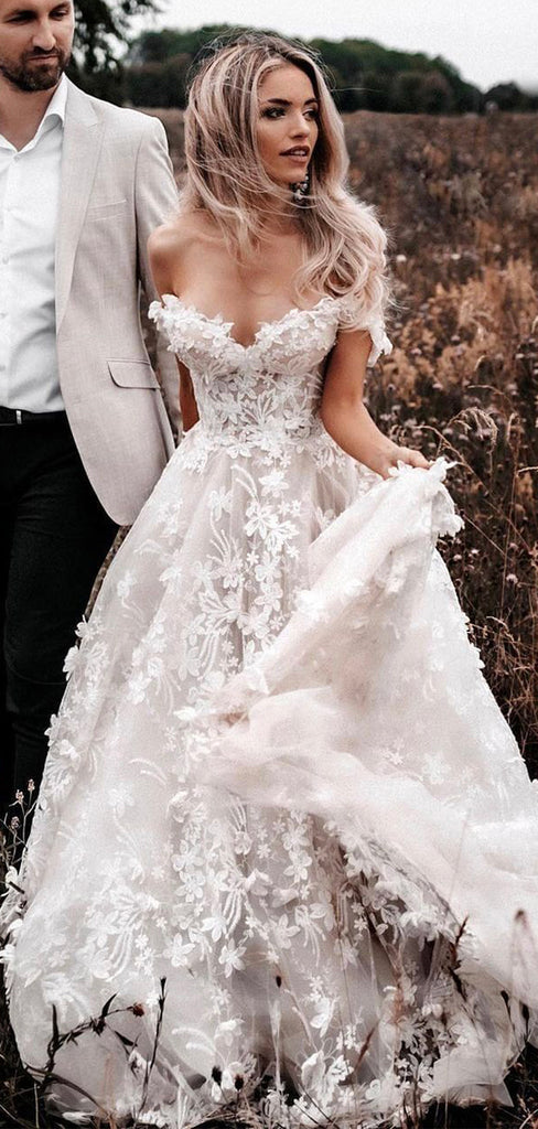 A-line Beach Lace Vintage Off-the-Shoulder Wedding Dresses, Bridal Gowns WD109