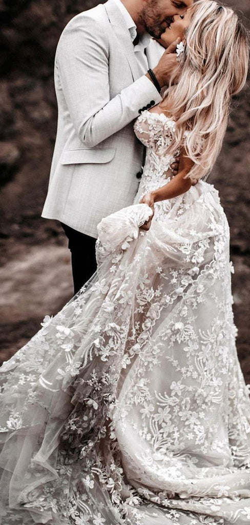 A-line Beach Lace Vintage Off-the-Shoulder Wedding Dresses, Bridal Gow ...