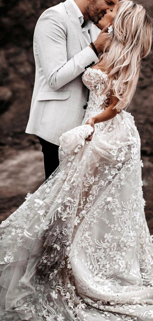 A-line Beach Lace Vintage Off-the-Shoulder Wedding Dresses, Bridal Gowns WD109