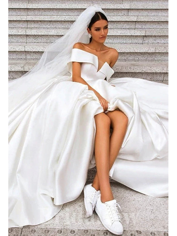 A-line Beach Satin Gorgeous Luxurious Classic Off the Shoulder Vintage Long Wedding Dresses WD398