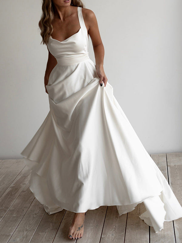 A-line Beach Satin Simple Popular Long Wedding Dresses, Bridal Gown WD069