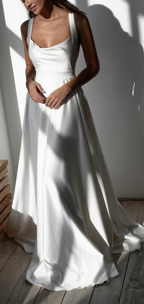 A-line Beach Satin Simple Popular Long Wedding Dresses, Bridal Gown WD069