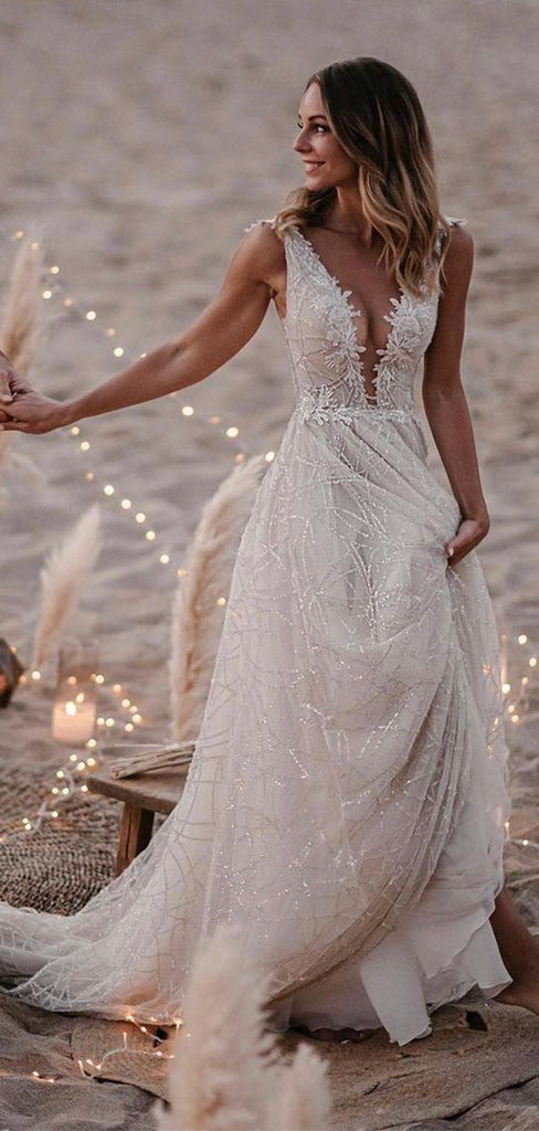 A-line Beach Unique Sequin Sparkly Modest Long Wedding Dresses, Bridal Gowns WD110