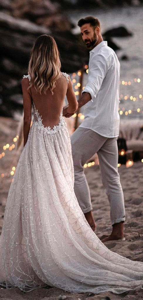 A-line Beach Unique Sequin Sparkly Modest Long Wedding Dresses, Bridal Gowns WD110