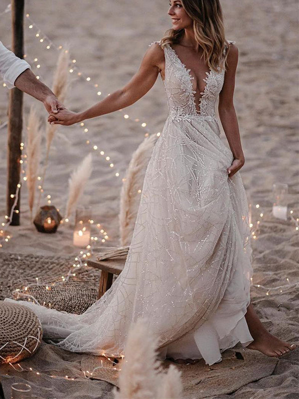 Satin Mermaid Beach Wedding Dress V Neck Short Flare Sleeves Bohemia Bridal  Gown | eBay