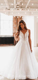 A-line Beach V-Neck Lace Luxurious Classic Modest Popular Vintage Long Wedding Dresses WD400