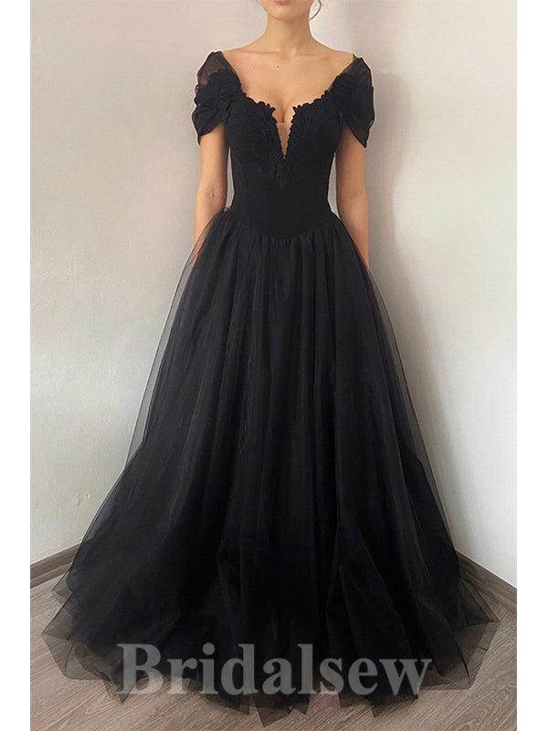 A-line Black Cap Sleeves Tulle Modest Princess Long Women Evening Prom Dresses PD736