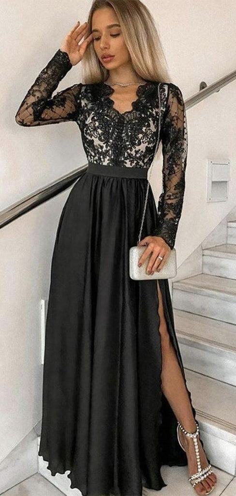 A-line Black Long Sleeves Elegant Modest Long Party Evening Prom Dresses PD1321