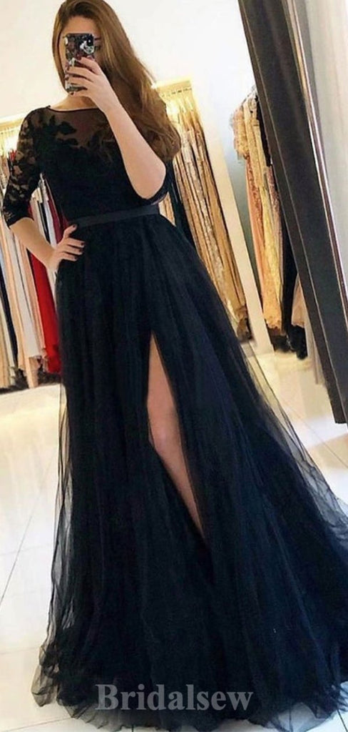 A-line Black Long Sleeves Popular Tulle Best Elegant Modest Long Party Evening Prom Dresses PD1319