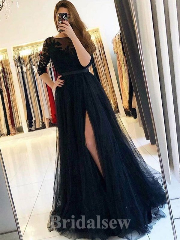 A-line Black Long Sleeves Popular Tulle Best Elegant Modest Long Party Evening Prom Dresses PD1319