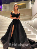 A-line Black Off the Shoulder Satin New Best Long Elegant Stylish Prom Dresses PD1168