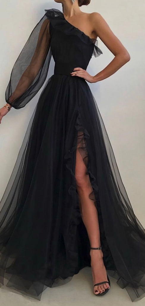 A-line Black One Shoulder Elegant Modest Formal Long Prom Dresses PD294