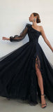 A-line Black One Shoulder Elegant Modest Formal Long Prom Dresses PD294
