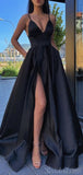 A-line Black Satin Spaghetti Straps Prom Dresses Online PD051