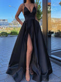 A-line Black Satin Spaghetti Straps Prom Dresses Online PD051