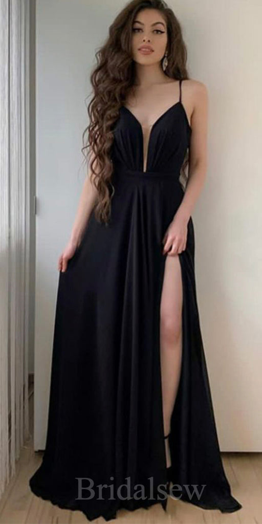 A-line Black Simple Slit Elegant Sexy Floor-Length Women Long Evening Prom Dresses PD599
