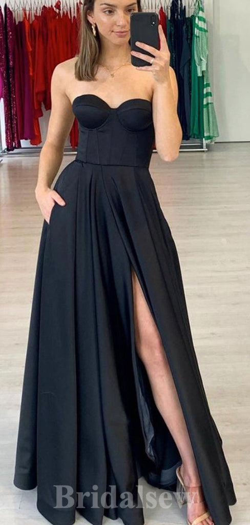 A-line Black Sleeveless Strapless Simple Long Women Evening Prom Dresses PD833