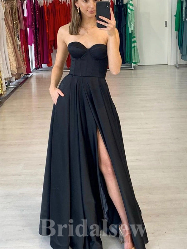A-line Black Sleeveless Strapless Simple Long Women Evening Prom Dresses PD833