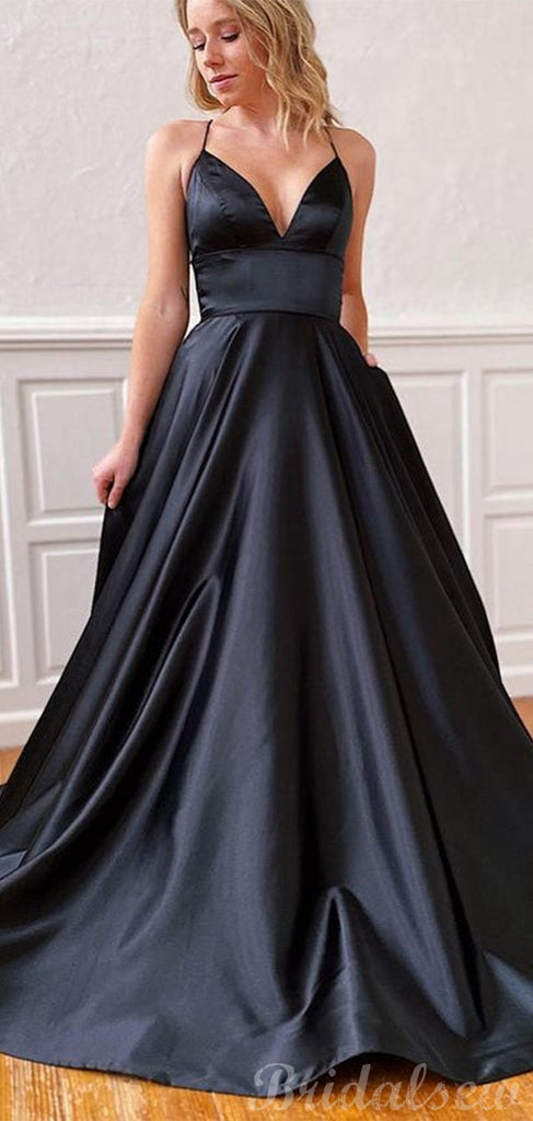 A-line Black Spaghetti Straps Simple Modest Long Evening Prom Dresses bridalsew A-line Black Spaghetti Straps Simple Modest Long Evening Prom Dresses bridalsew