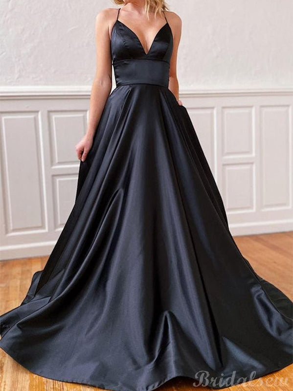 A-line Black Spaghetti Straps Simple Modest Long Evening Prom Dresses bridalsew A-line Black Spaghetti Straps Simple Modest Long Evening Prom Dresses bridalsew