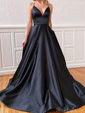 A-line Black Spaghetti Straps Simple Modest Long Evening Prom Dresses PD222