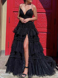 A-line Black Spaghetti Straps Tulle Princess Party Long Prom Dresses, Evening Dress PD409