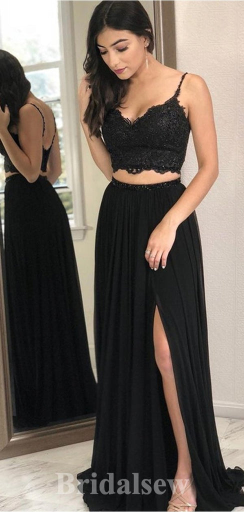 A-line Black Spaghetti Straps Two Pieces New Fashion Long Elegant Party Prom Dresses PD1177