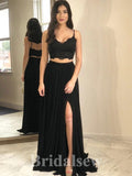 A-line Black Spaghetti Straps Two Pieces New Fashion Long Elegant Party Prom Dresses PD1177
