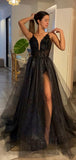 A-line Black Sparkly Unique Party Modest Formal Long Prom Dresses PD292