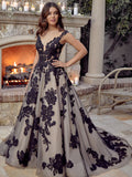 A-line Black Tulle Lace Appliques Long Gorgeous Wedding Dresses, Bridal Gowns WD089