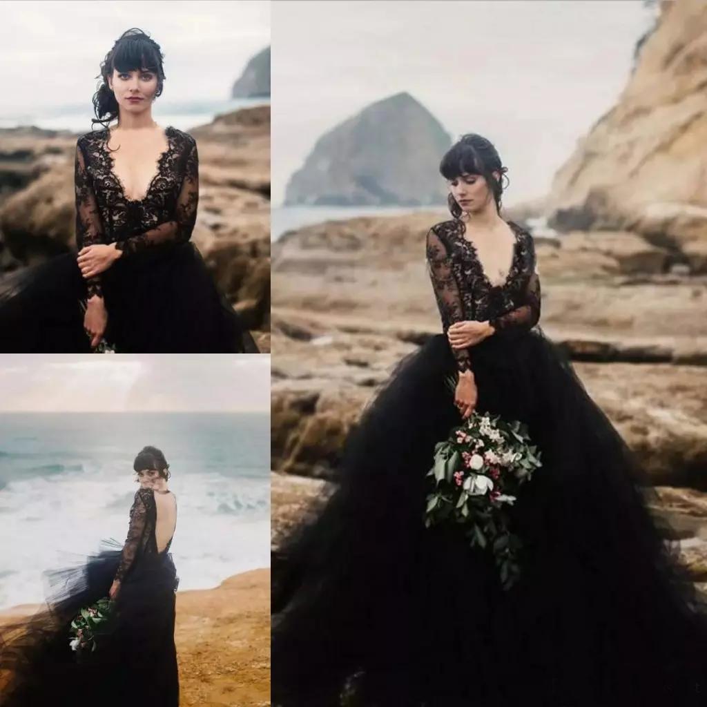 A-line Black Tulle Lace Beach Unique Vintage Wedding Dresses, Bridal G bridalsew A-line Black Tulle Lace Beach Unique Vintage Wedding Dresses, Bridal G bridalsew
