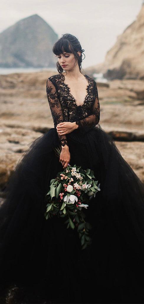 A-line Black Tulle Lace Beach Unique Vintage Wedding Dresses, Bridal G bridalsew A-line Black Tulle Lace Beach Unique Vintage Wedding Dresses, Bridal G bridalsew