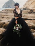 A-line Black Tulle Lace Beach Unique Vintage Wedding Dresses, Bridal Gowns WD090